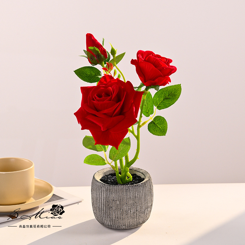 Bonsai de rosa de franela de tres cabezas, flores de simulación creativa, decoración de estudio fotográfico para el hogar, plantas verdes artificiales, plantas en macetas de simulación