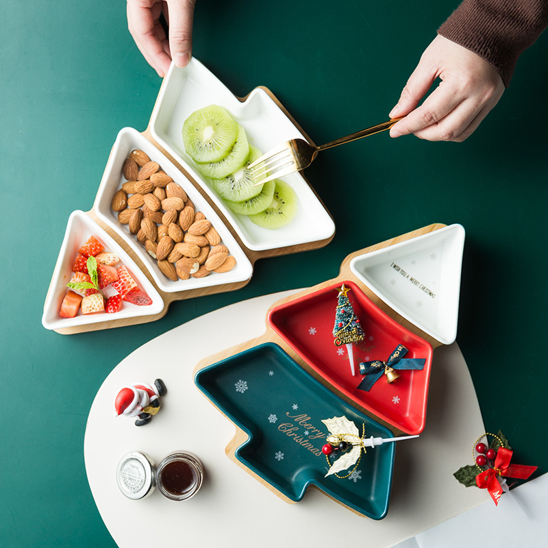 Ceramic bamboo Christmas tree grid plate snack platter snack Fruit Bowl plate breakfast plate dessert plate