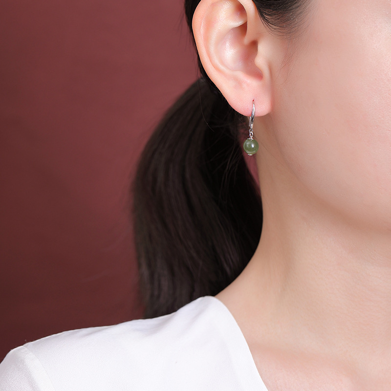 Bông tai bạc S925 móc hoa tai đính đá ngọc bích Hetian hạt tròn đơn giản — Kiểu nước nắng