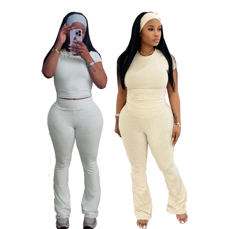 TW715 European and American Cross-border Amazon Casual Women's Two-piece Sportswear with Hair Band Crewneck T-shirt Low Waist Flared Pants TW715 European and American Cross-border Amazon Casual Women's Two-piece Sportswear with Hair Band Crewneck T-shirt Low Waist Flared Pants