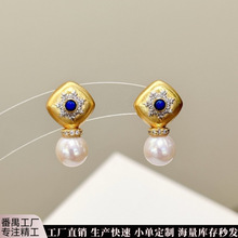 金店同款现货拉丝耳钉s925纯银镀金耳环天然青金石耳坠耳骨钉批发