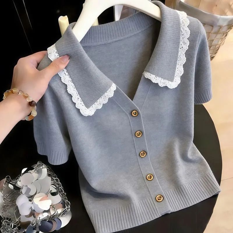 Pure Desire Lazy Style Women's Lace-Trimmed Knit T-Shirt Summer New High-End Fashionable Short-Sleeve Top Trendy