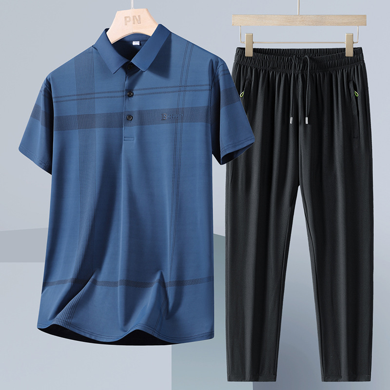 Papá con set de verano de dos piezas para hombre hielo delgado de manga corta suelta set casual de mediana edad pantalones secos rápidos
