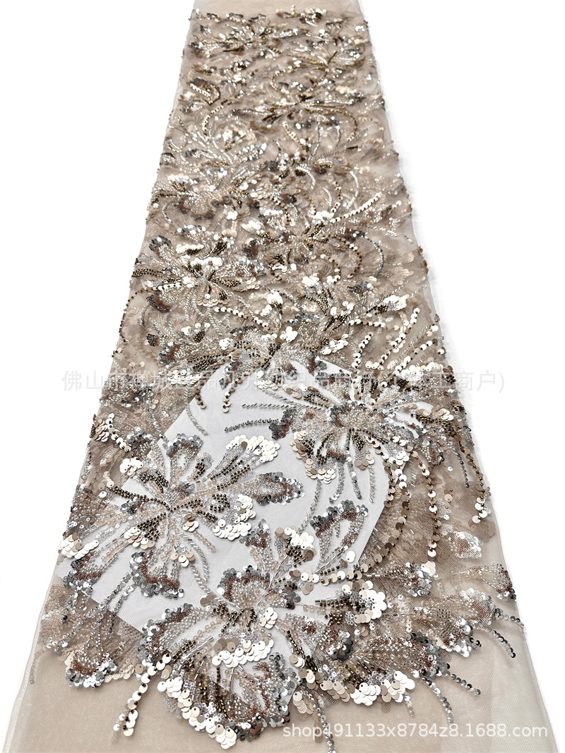 Nuevo fresco clavos de cuentas sequinilla tela de malla bordada floral de color brindis de novia vestido de noche tela image 8