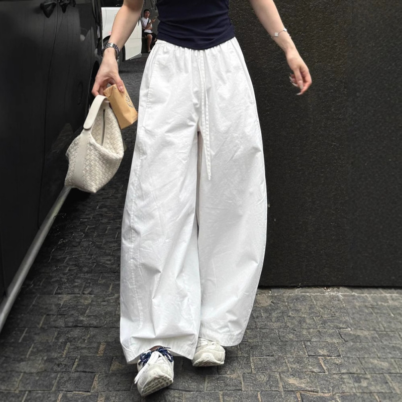 chao级推荐！极简白色抽绳阔腿裤女春夏2025新款抽绳宽松休闲长裤|undefined
