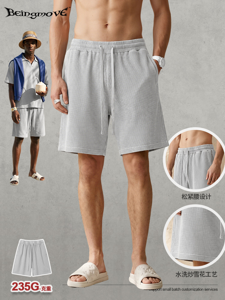 Calle seca americana vintage waffle 235g pantalones cortos de hombre lavado con agua para hacer viejos pantalones sueltos y transpirables image 3