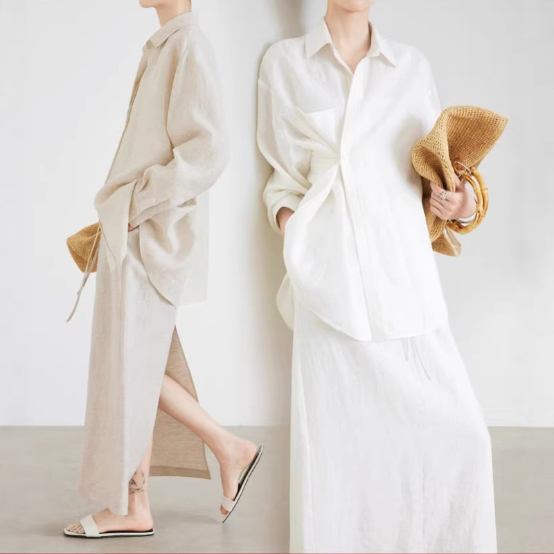 100% Linen Shirt and Skirt Set 2026 Spring/Summer Old Money Style White Shirt with a Relaxed Feel and Slit Skirt
