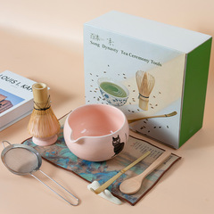 跨境日式带嘴抹茶碗抹茶套装百本立茶筅立猫咪抹茶套装茶拨
