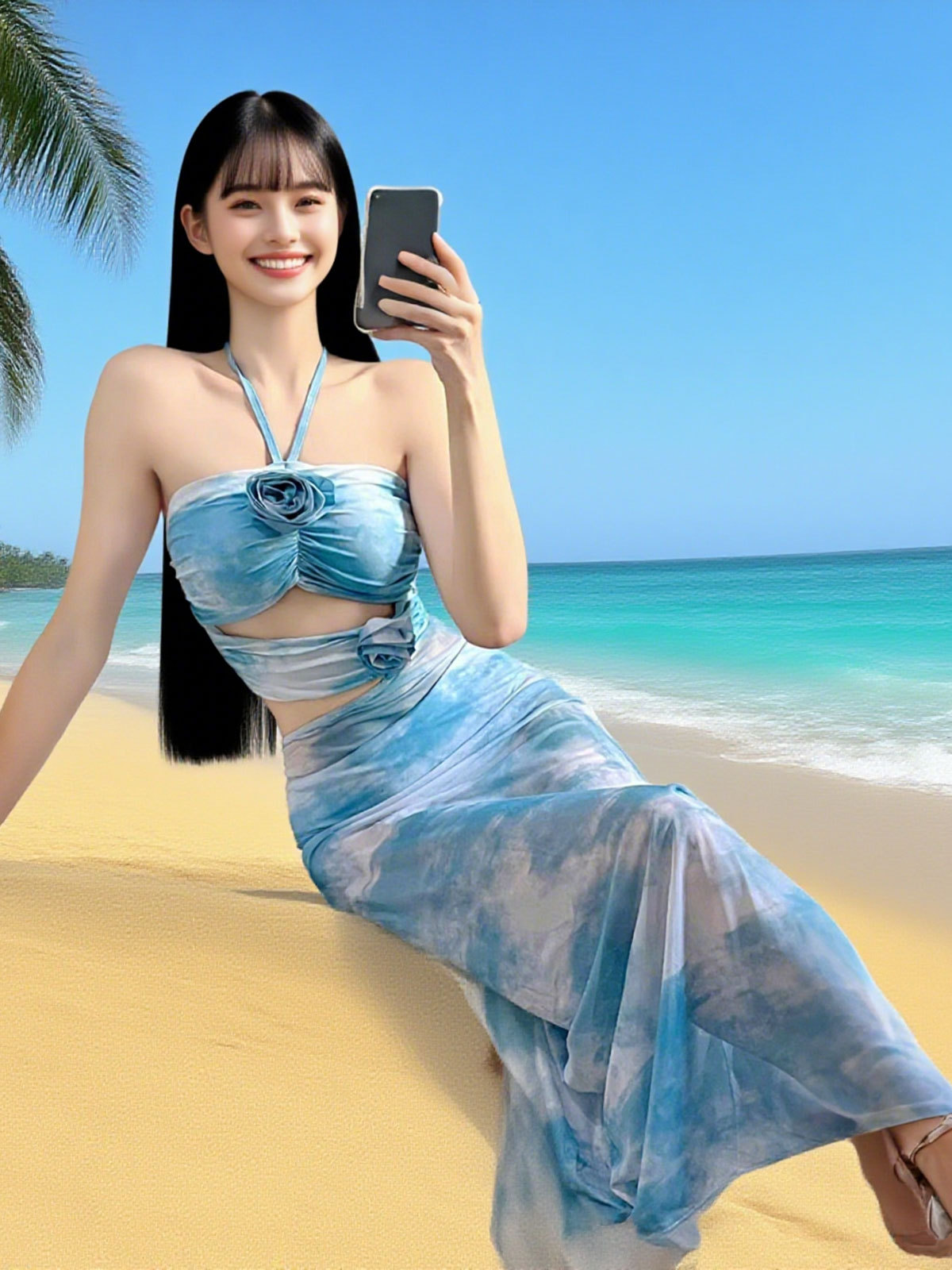 Nuevo estilo de vacaciones en la isla, falda larga de una pieza, traje de baño, cuello halter femenino, top de tubo, flores tridimensionales, sexy, delgado, piernas delgadas