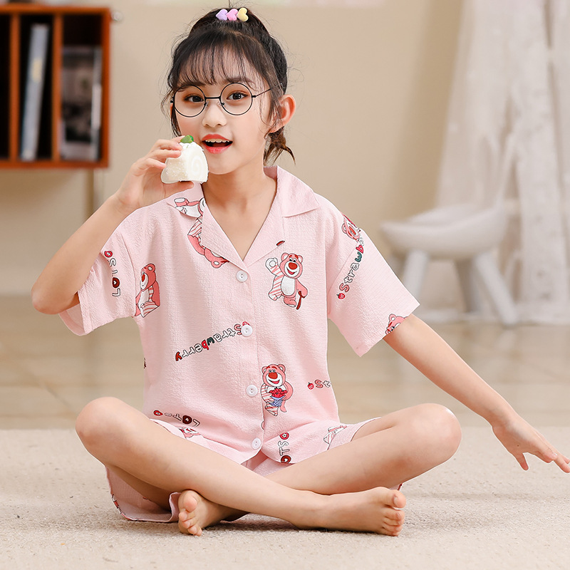 Pijamas infantiles niñas de manga corta verano espuma tejida tela arrugada dibujos animados niñas niños mayores cubierta de ropa de bebé