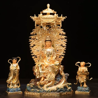 台湾黄铜贴金观音佛像家用供奉骑龙观音菩萨像金童玉女桌面摆件