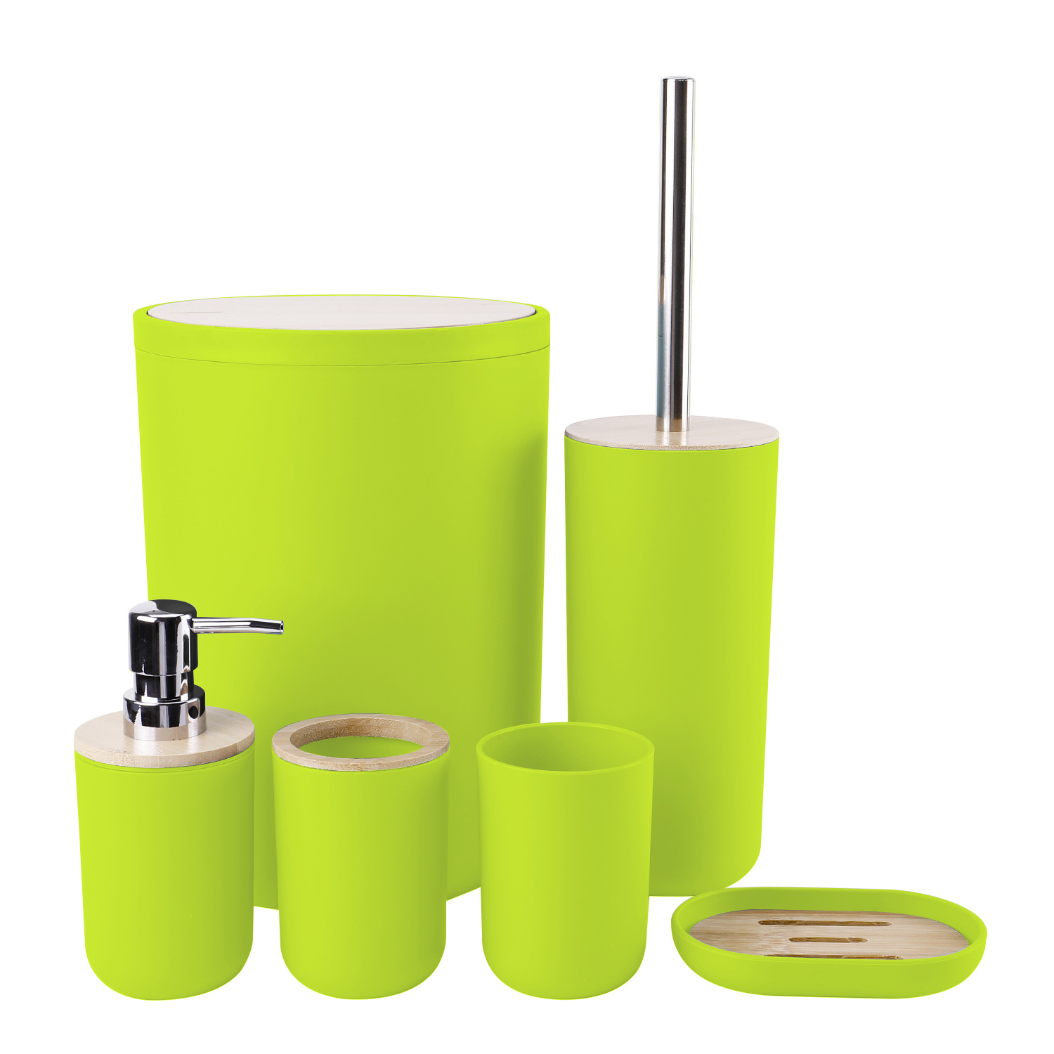 Cubierta de bambú de lavado de baño de plástico de seis piezas de la fábrica al por mayor de almacenamiento de baño estante titular de cepillo de dientes de basura puede