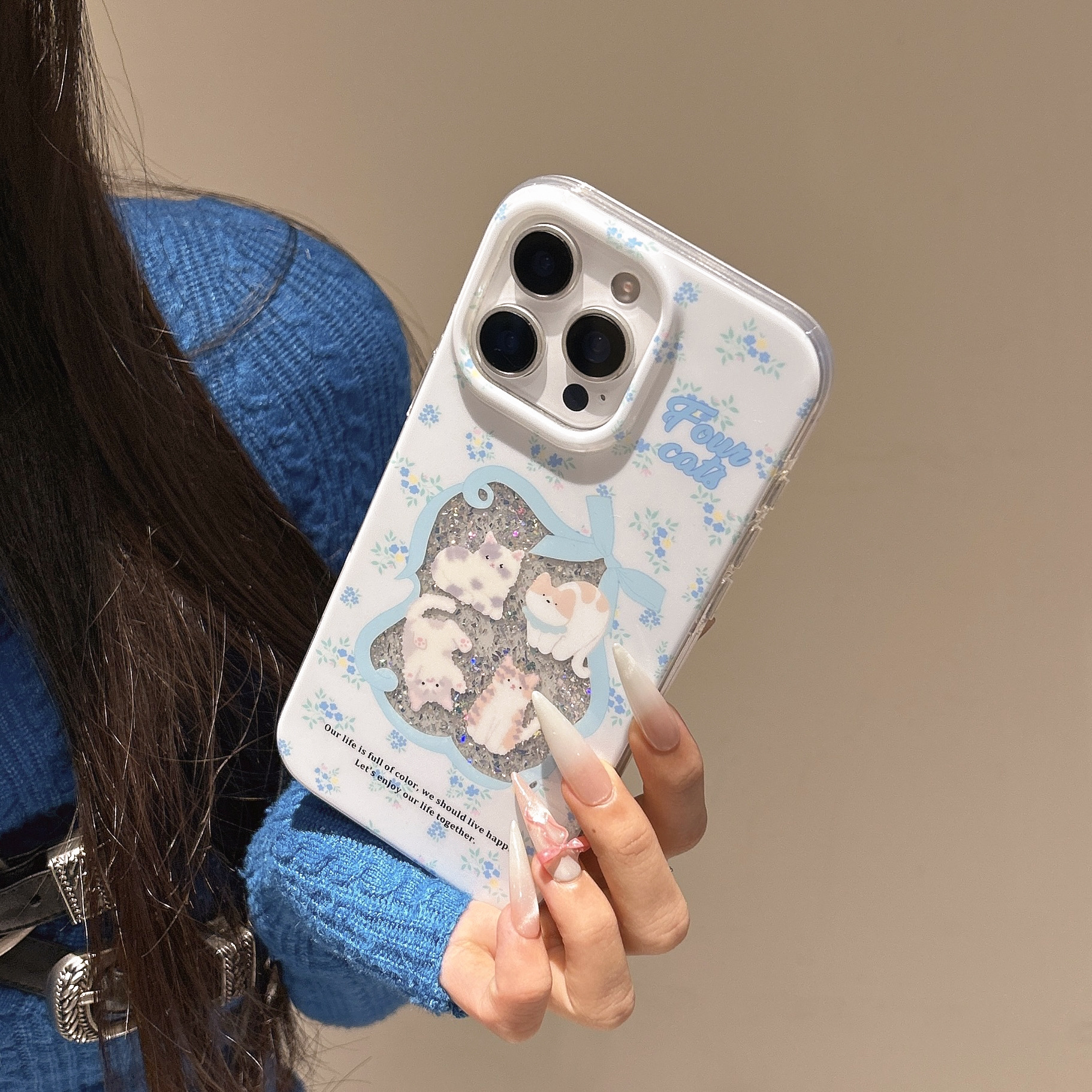 Nicho love bowknot azul floral gato adecuado para Apple 16ProMax funda para teléfono móvil 15Pro nuevo 14/13