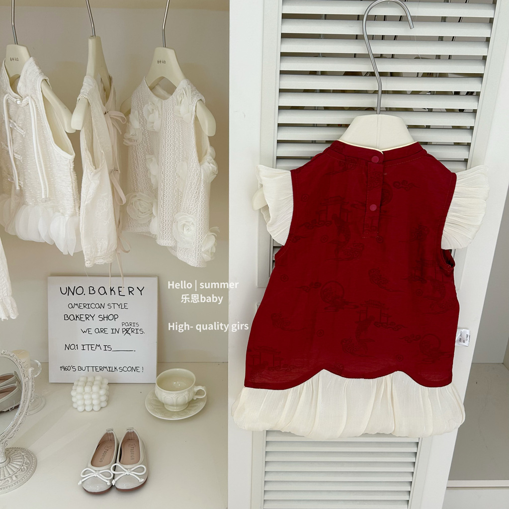 [Le En baby] Verano para niñas Nueva falda de chaleco de estilo nacional rojo chino Vestido de malla Vestido de bebé de estilo occidental