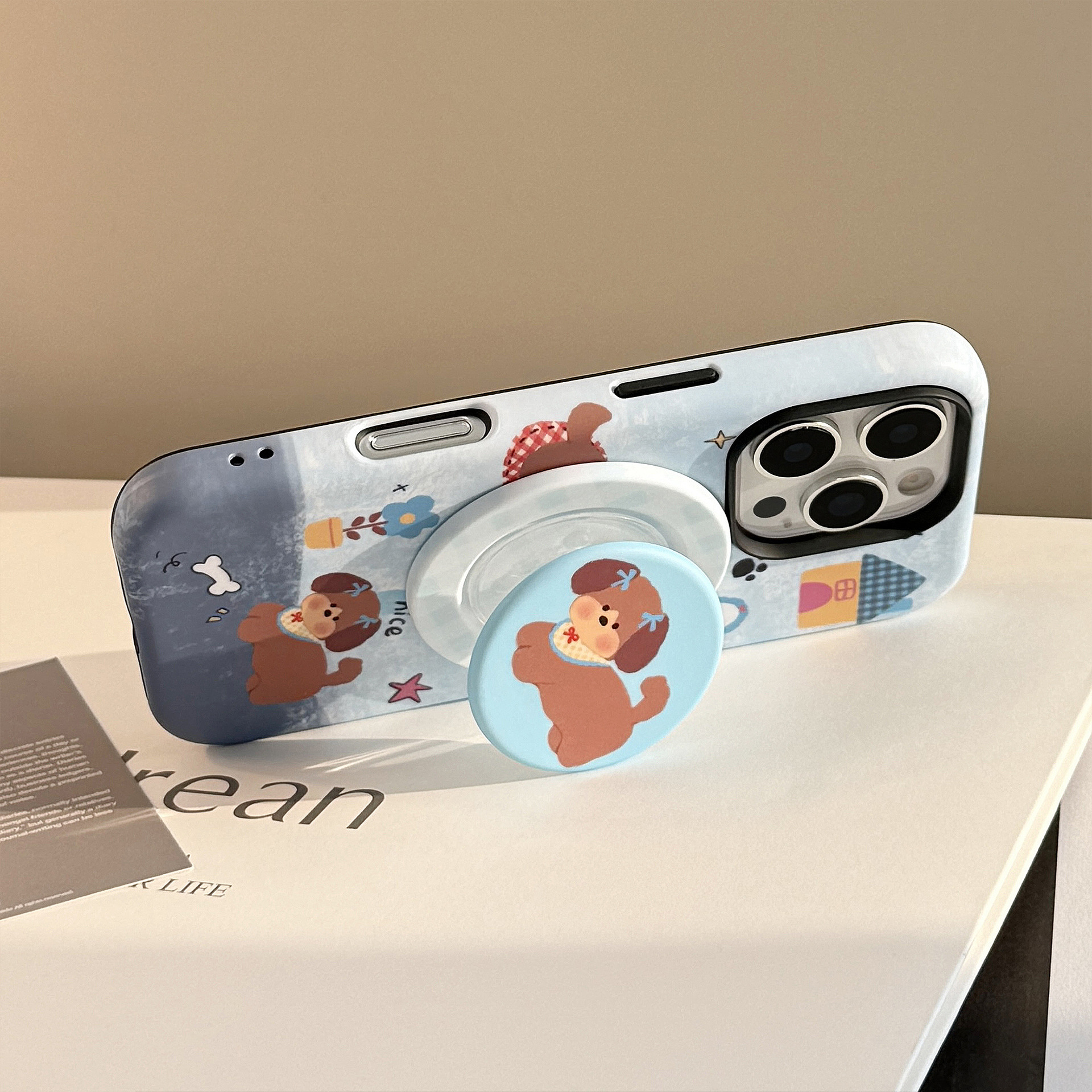 Cover telefono magnetica con supporto cucciolo iphone blu_voghion.com