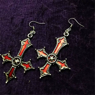 Кольцо-серьги Cross Dark Red Gothic, сплав с красной эмалью и rhinestone-звездой, 13×13 см