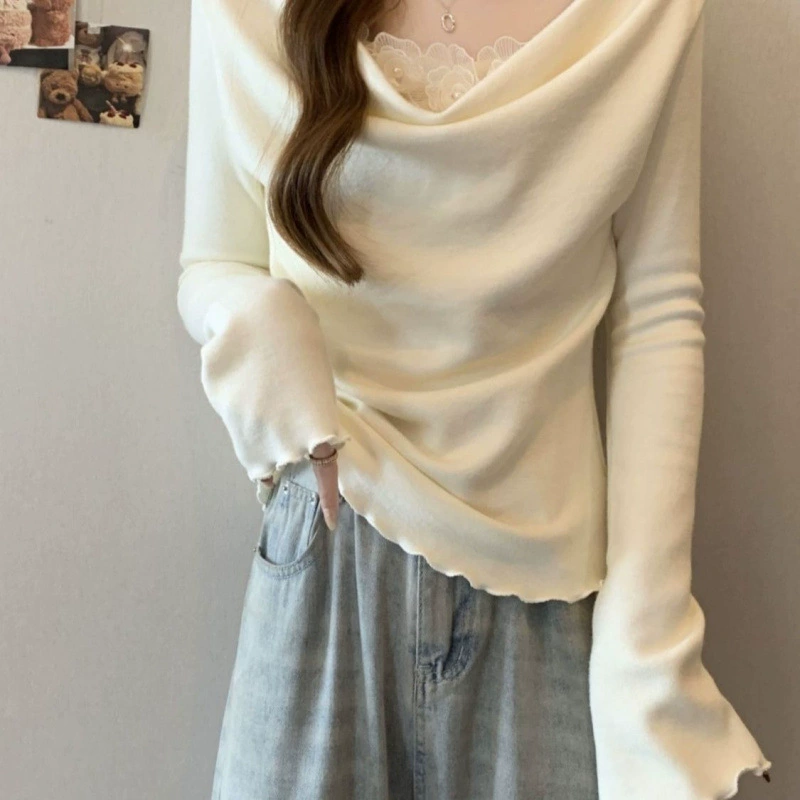 Немецкая бархатная рубашка больших размеров на одно плечо с длинными рукавами для женщин, весенне-осенний новый свободный кружевной топ для похудения