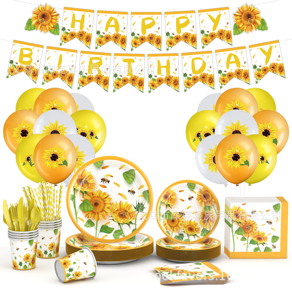 Nuevo juego de platos de fiesta con tema de girasol de acuarela, cumpleaños para niños, bandeja de papel desechable, taza de papel, vajilla de toallas de papel