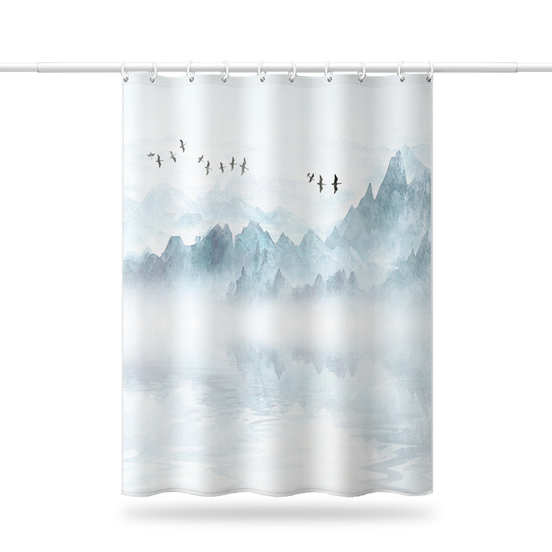New Chinese Zen-style Curtains, No-drill Installation, Door Partition Shower Short Curtain, Digital Print With Landscape_voghion.com