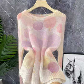 一线大品牌高端剪标女装外贸出口原单马海毛渐变波点针织衫薄上衣