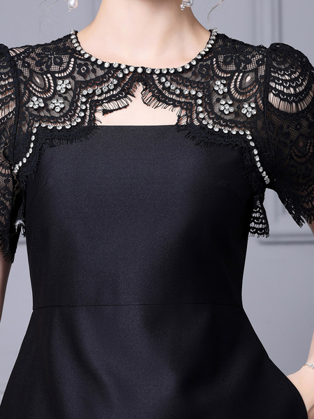 Zhili High end Exquisite Small Black Skirt Summer Handmade Nail Diamond Splicing Lace High Waist Dress Mid Skirt 2024 Ne