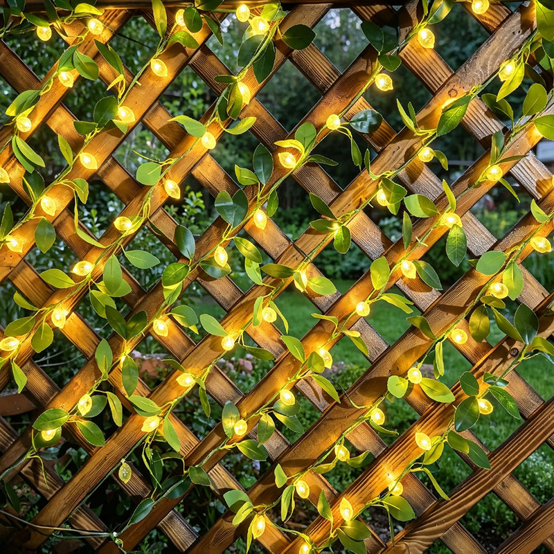 Solar-powered lemon vine string lights, simulated green leaves for courtyard fences, garden balconies, and ambiance decoration lights Solar-powered lemon vine string lights, simulated green leaves for courtyard fences, garden balconies, and ambiance decoration lights