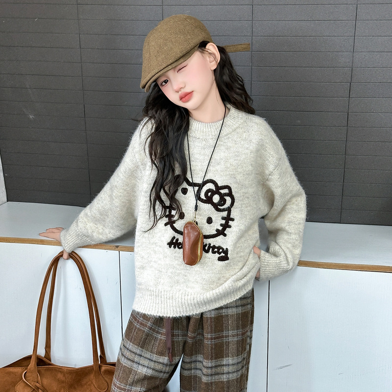 Girls Sweater Autumn and Winter 2025 New Medium and Large Kidsren's Fashionable Korean Style Cartoon Kitty Cat Pullover Sweater Girls Sweater Autumn and Winter 2025 New Medium and Large Kidsren's Fashionable Korean Style Cartoon Kitty Cat Pullover Sweater