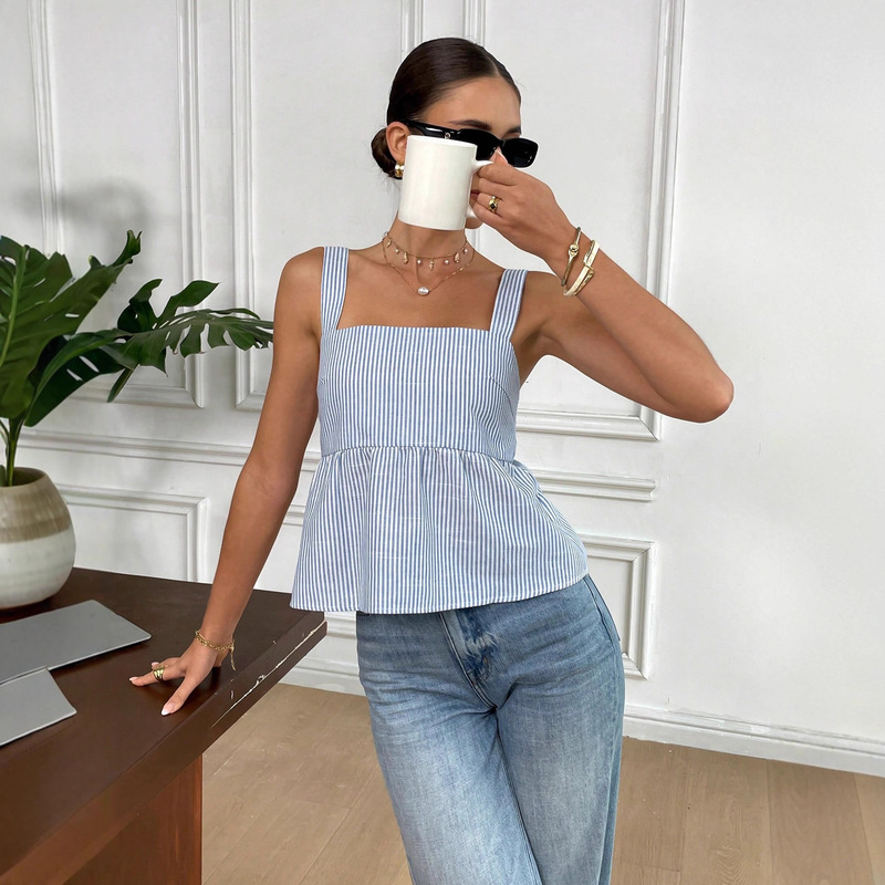 2025 New Cross-Border Women's Striped Printed Shoulder Strap Top Casual Backless Slim Lace-Up Square Neck T-Shirt