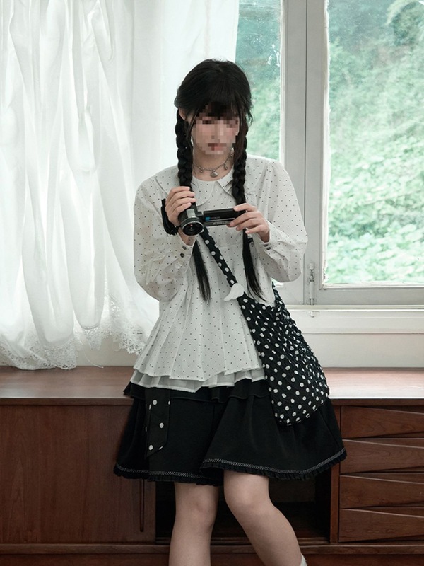 法式宽松休闲少女感娃娃领波点衬衫上衣+蝴蝶结系带半裙两件套女|undefined