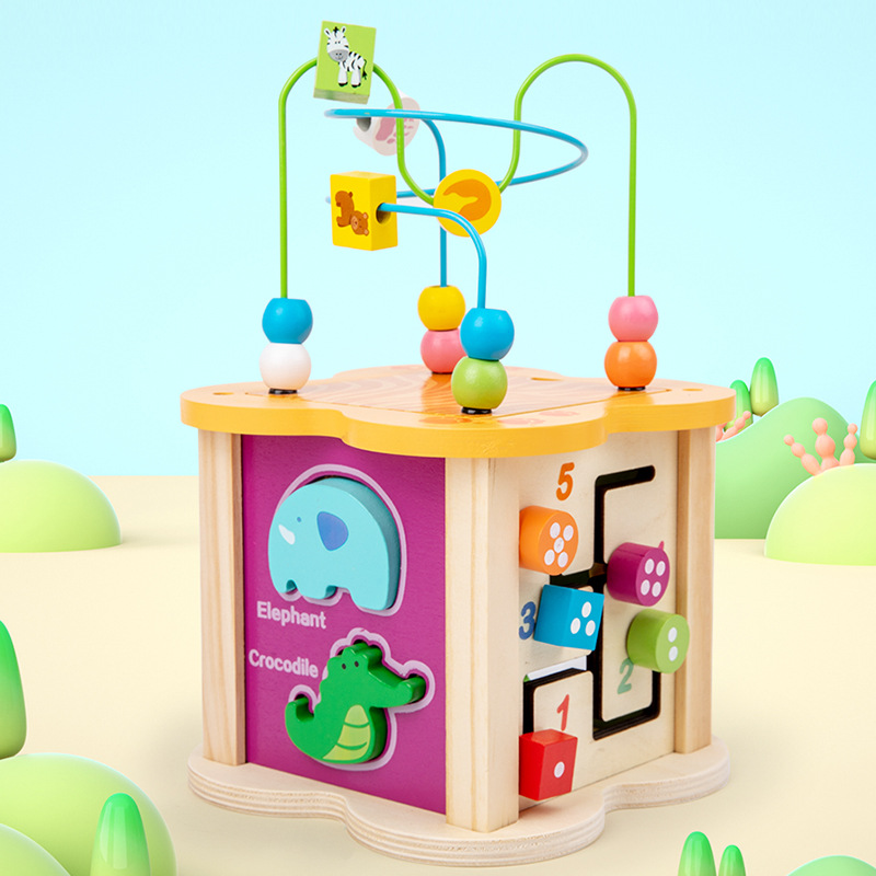 Caja de tesoro de juego de cuentas de cuatro lados multifuncional de madera para niños juguetes educativos de educación temprana a juego con forma infantil