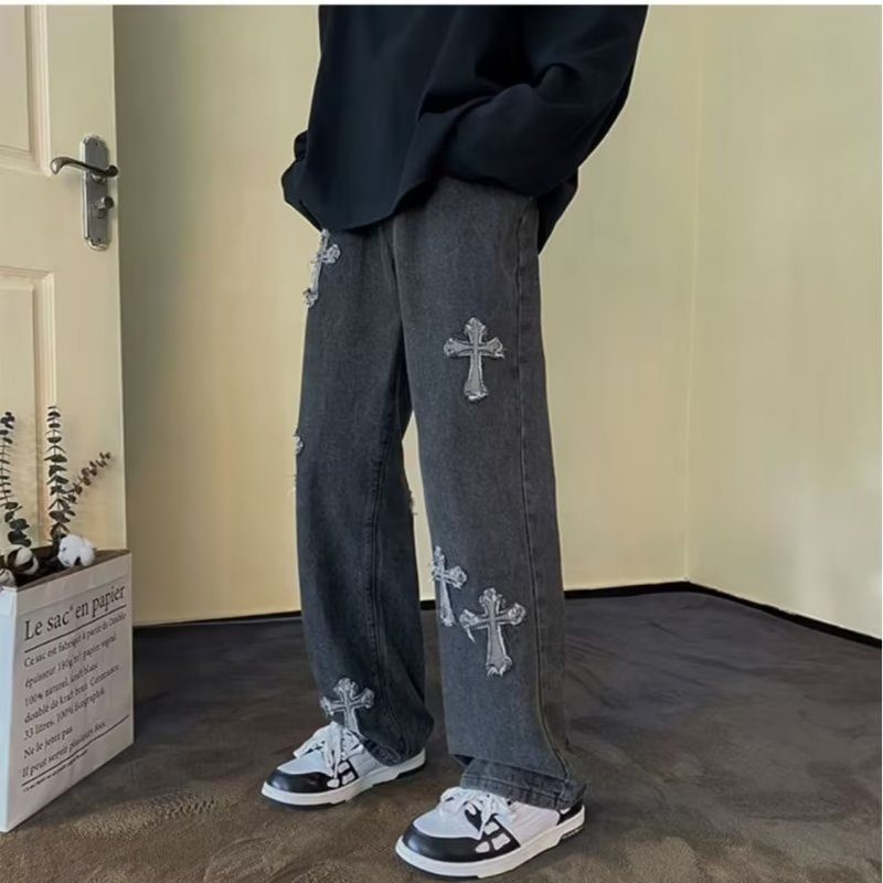Men's washed distressed cross-pattern jeans, spring and autumn style, American retro trendy straight leg pants, loose fit, cool and casual.