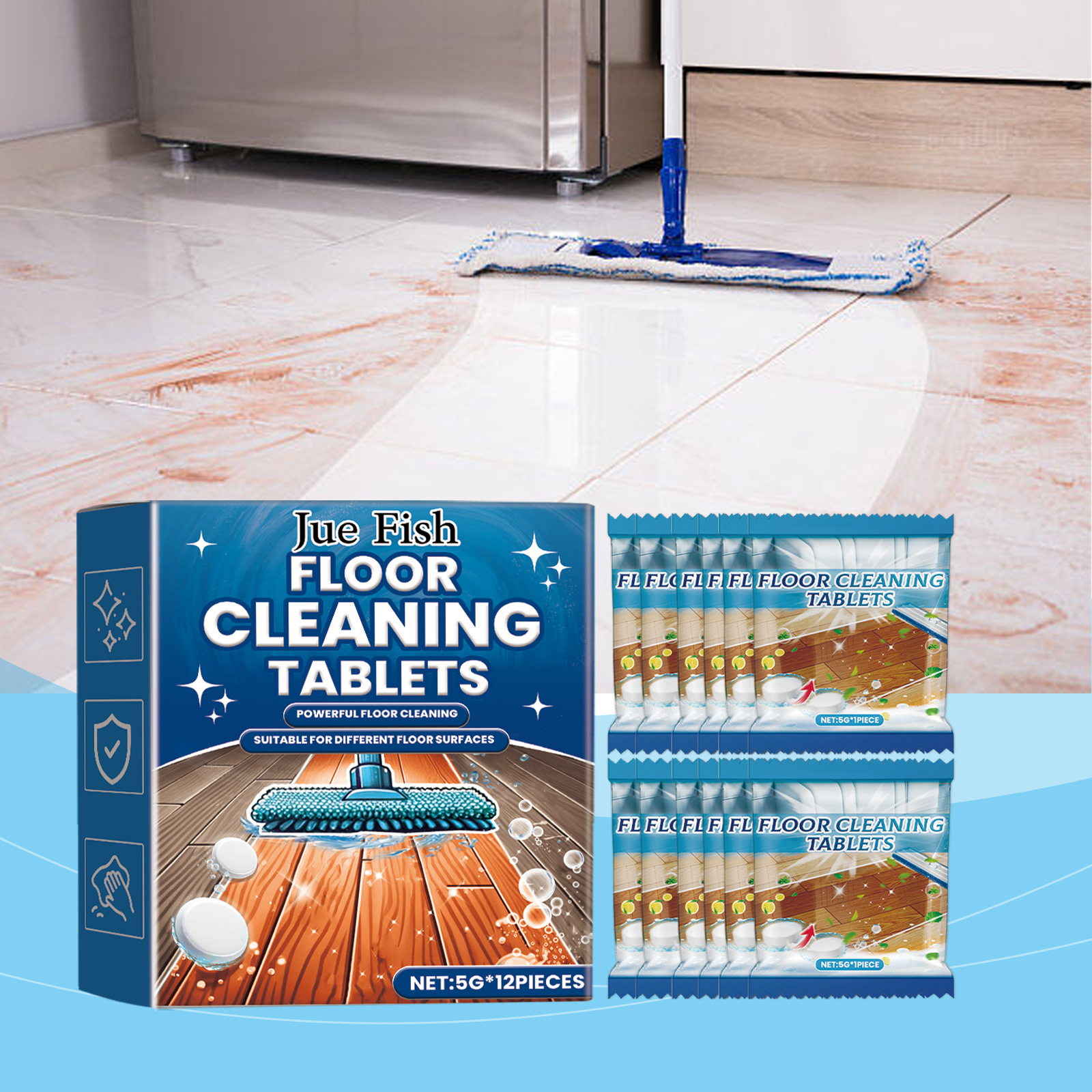 Jue Fish Floor Cleaning Effervescent Tablets Floor Tile Stain Removal, Descaling, Brightening, Polishing, and Cleaning Effervescent Tablets