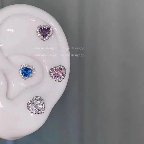 Diamond Heart Earrings, Light Luxury and High-End, Bone Stud Earrings with Cubic Zirconia, Titanium Steel, Flat Screw Ball, Allergy-Free, Women's Earrings Decorations