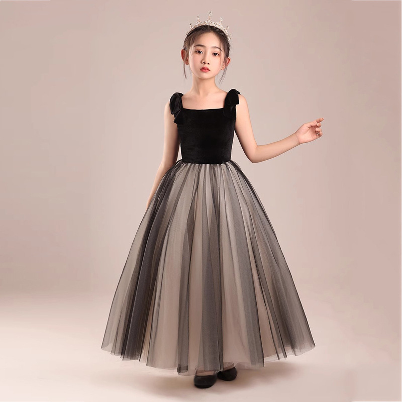Children's Chorus Dress, Girls' Piano and Violin Performance Outfit, Black Velvet Mesh Host Costume, 2025 Spring Ball Gown