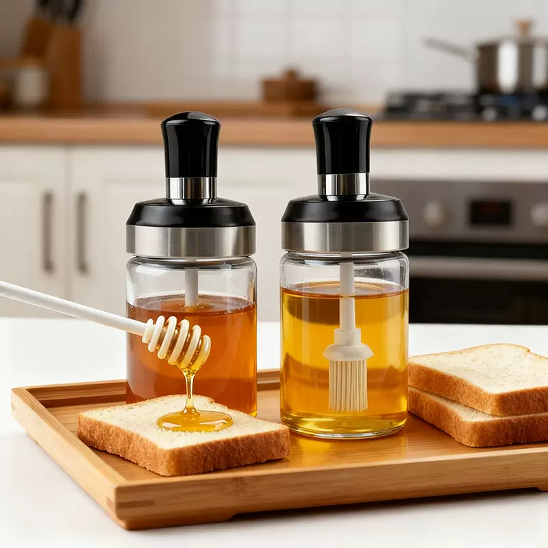 厨房用品调料罐勺盖一体玻璃调味瓶油刷盐糖佐料罐蜂蜜棒透明空