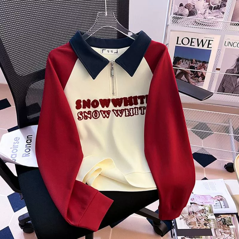 2024 Весна и осень в американском стиле Lazy Western Style Свитер с воротником-поло на полумолнии Женская модная ретро-рубашка в европейском и американском стиле