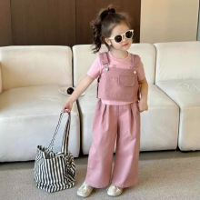 2024夏季新品 韩版童装  女童背带上衣+阔腿裤2件套装  牛仔套装