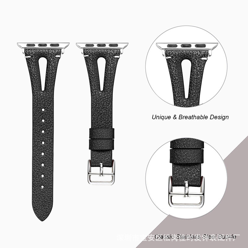 真皮表带适用柔软苹果手表1/2/3/4代42mm表带V型镂空iwatch4表带|ru