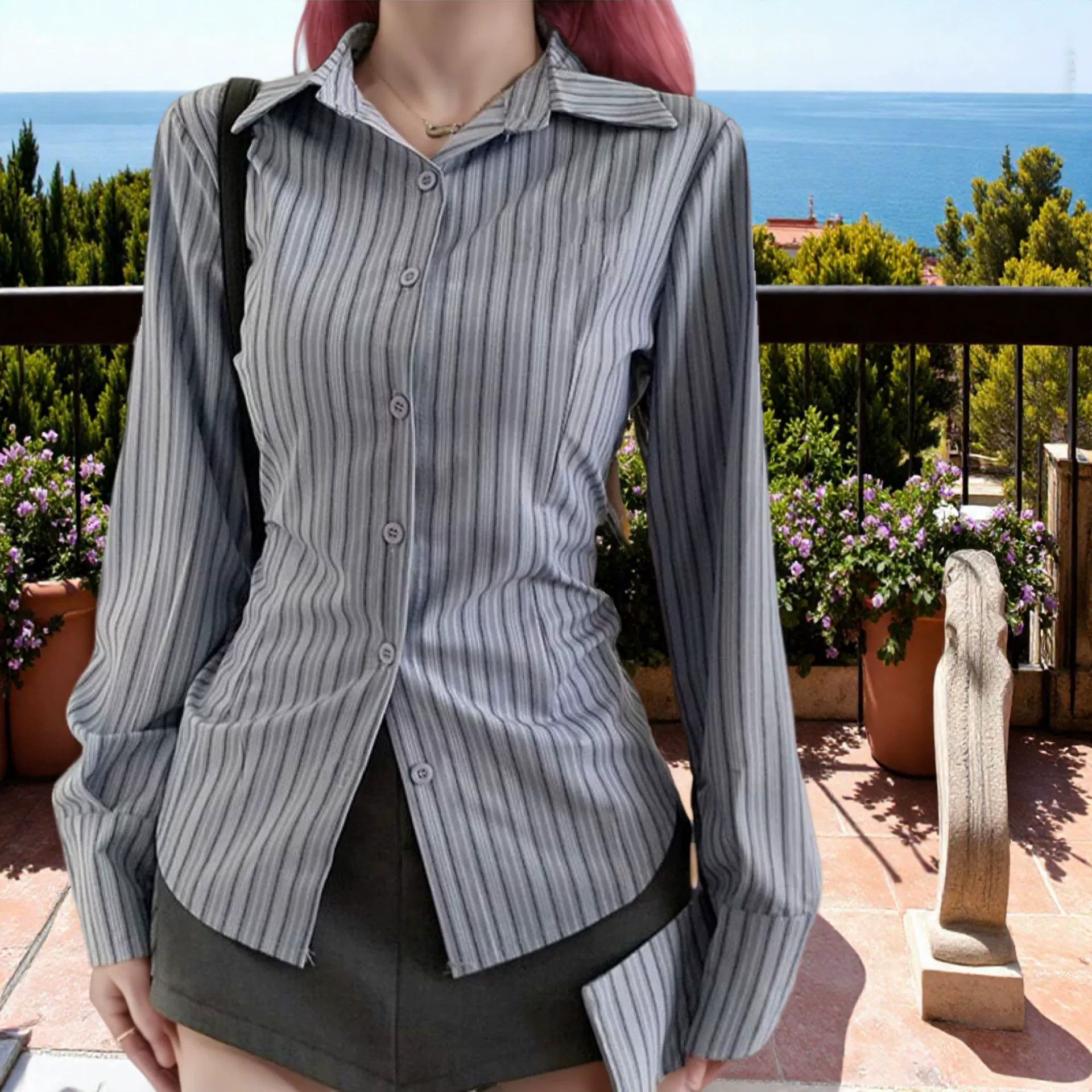 Трансграничная 2024 новая весна и осень с длинными рукавами синяя полосатая рубашка