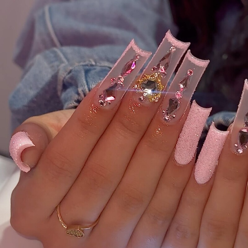Cross-border super long love diamond flash wear nail Valentine's Day foreign trade Square pink glitter press fake nail