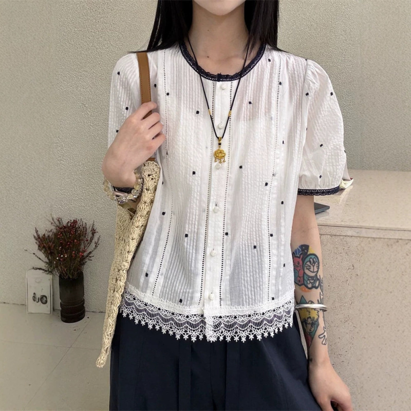 Korean-Style Gentle White Hollow Lace Polka Dot Shirt for Women, Summer French-Style Loose Slimming Puff Sleeve Top Korean-Style Gentle White Hollow Lace Polka Dot Shirt for Women, Summer French-Style Loose Slimming Puff Sleeve Top