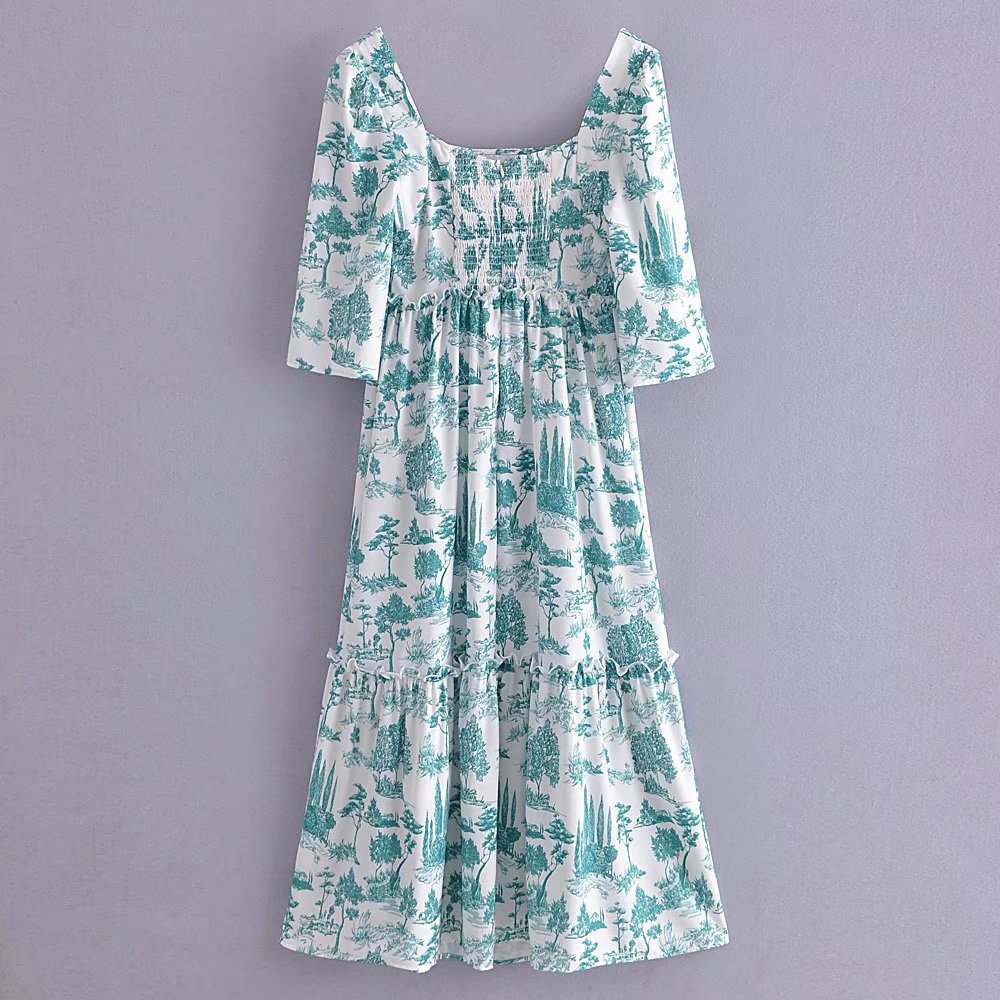 Printed Square Neck Ruffle Stitching Short Sleeve Dress NSAM114786