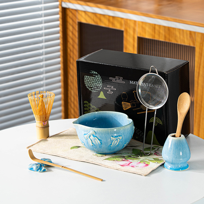 跨境专供新款抹茶碗带嘴陶瓷日式抹茶套装彩盒7件套爱心百本立|undefined