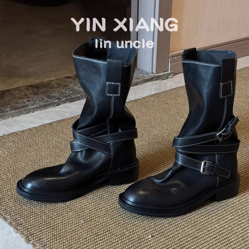 羊皮版~现货超软复古马丁靴2025新款皮带扣粗跟时装靴一脚蹬短靴|undefined