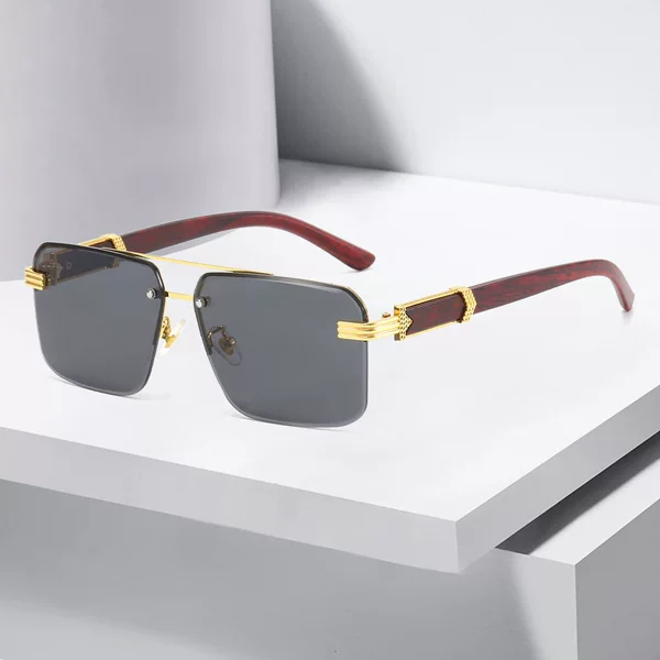 New European and American Fashion Square Frame Sunglasses, Half-Frame Cut-Edge Sun Protection Sunglasses, Square High-End Wood Grain Rimless Glasses