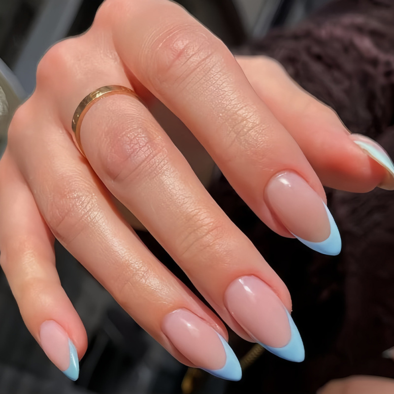 Fashionable and Elegant, Complexion-Enhancing, Simple Blue French-Style Pink Nails with a High-End Feel, Popular European and American Style, Hot-Selling Cross-Border Press-On Nails
