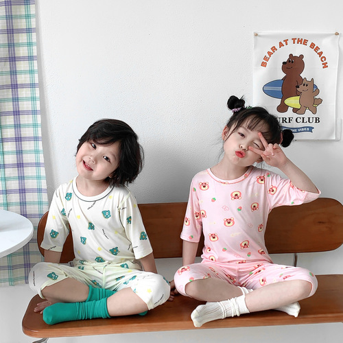 Yasarel Children's Summer Thin Pure Cotton Seven-Sleeve Baby Air Conditioning Suit for Boys and Girls Homecoming Set