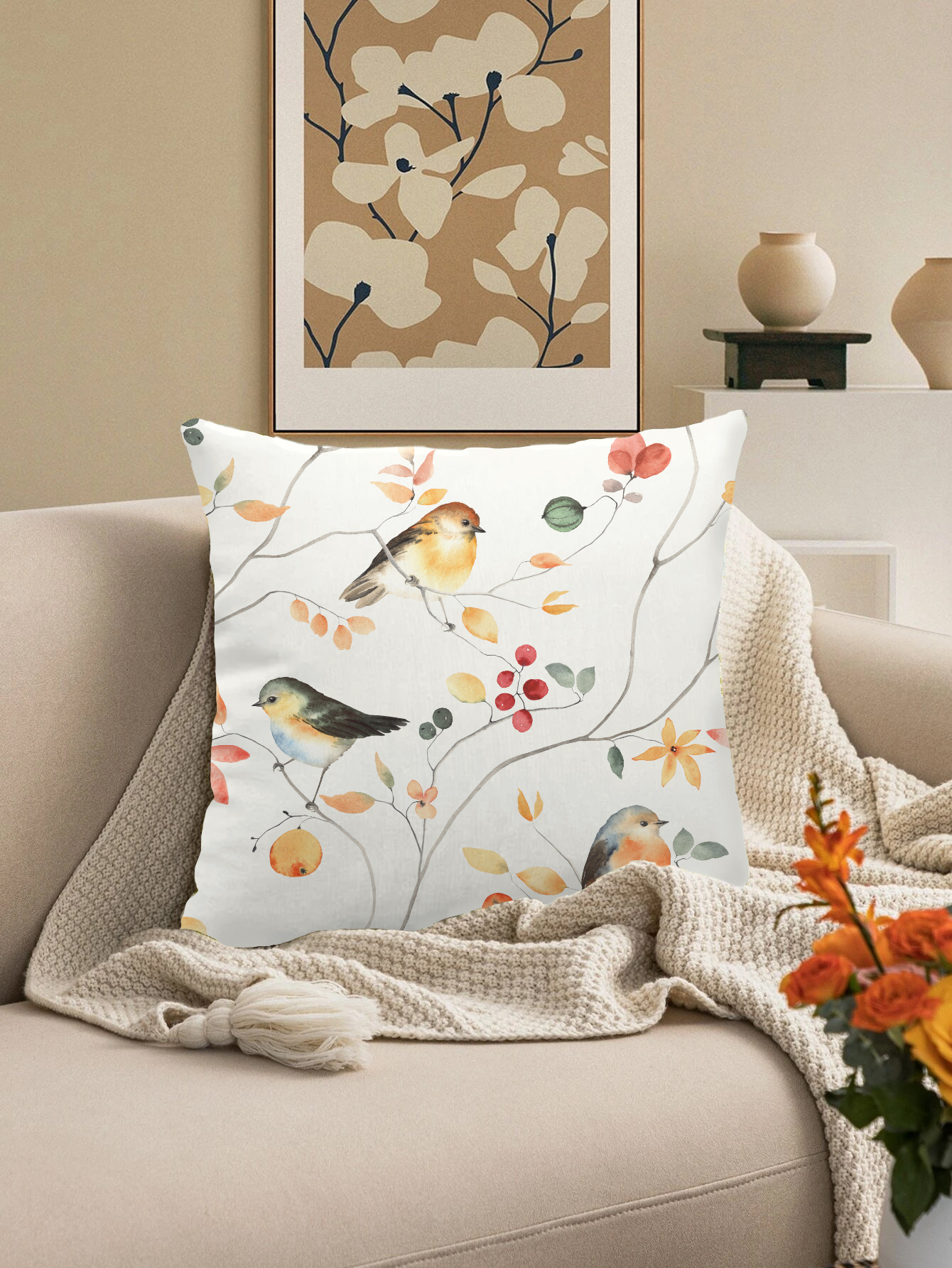 Cross-border Super Soft Short Plush Flower and Bird Printing Pillow Waist Pillow Home Decoration Sofa Cushion Cover_voghion.com