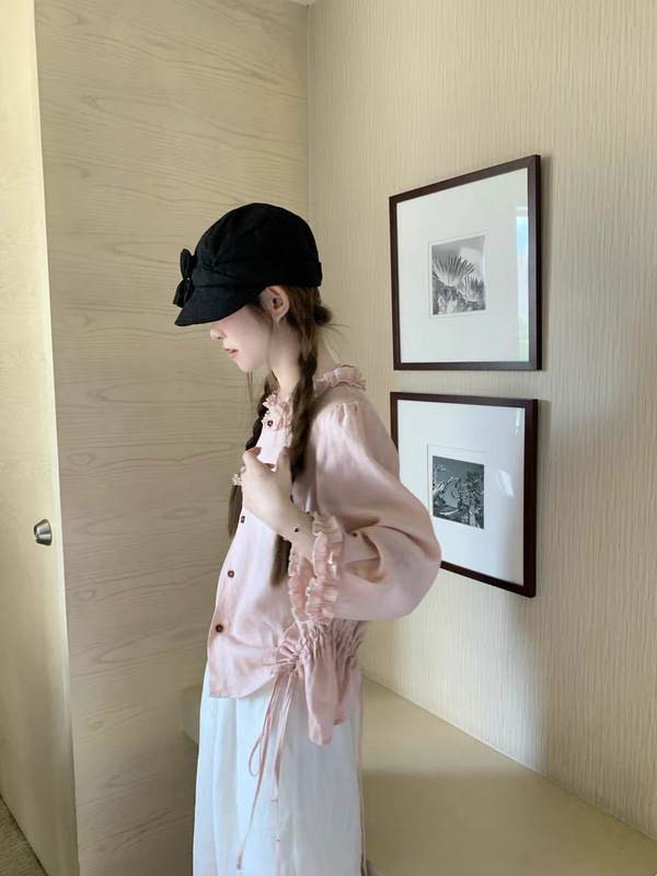 温柔挂的一件浅虾粉可抽绳木耳边设计衬衫女春夏秋亚麻小众上衣|undefined