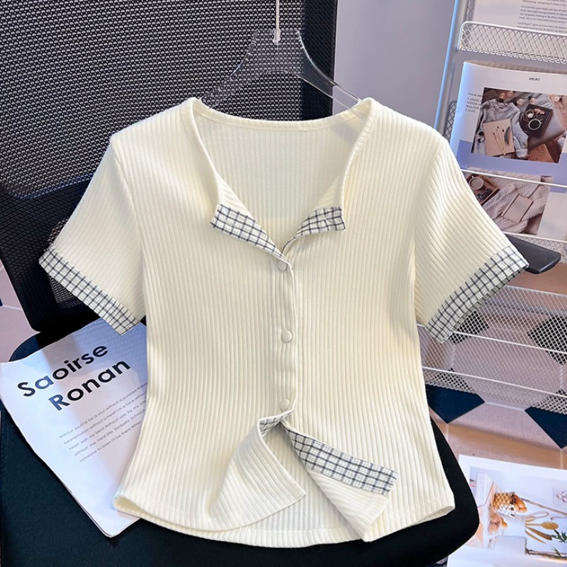 Женская летняя футболка 2025 года, хлопковая, тонкая, короткая, с короткими рукавами, клетчатая, с декоративной строчкой на правом плече, кардиган